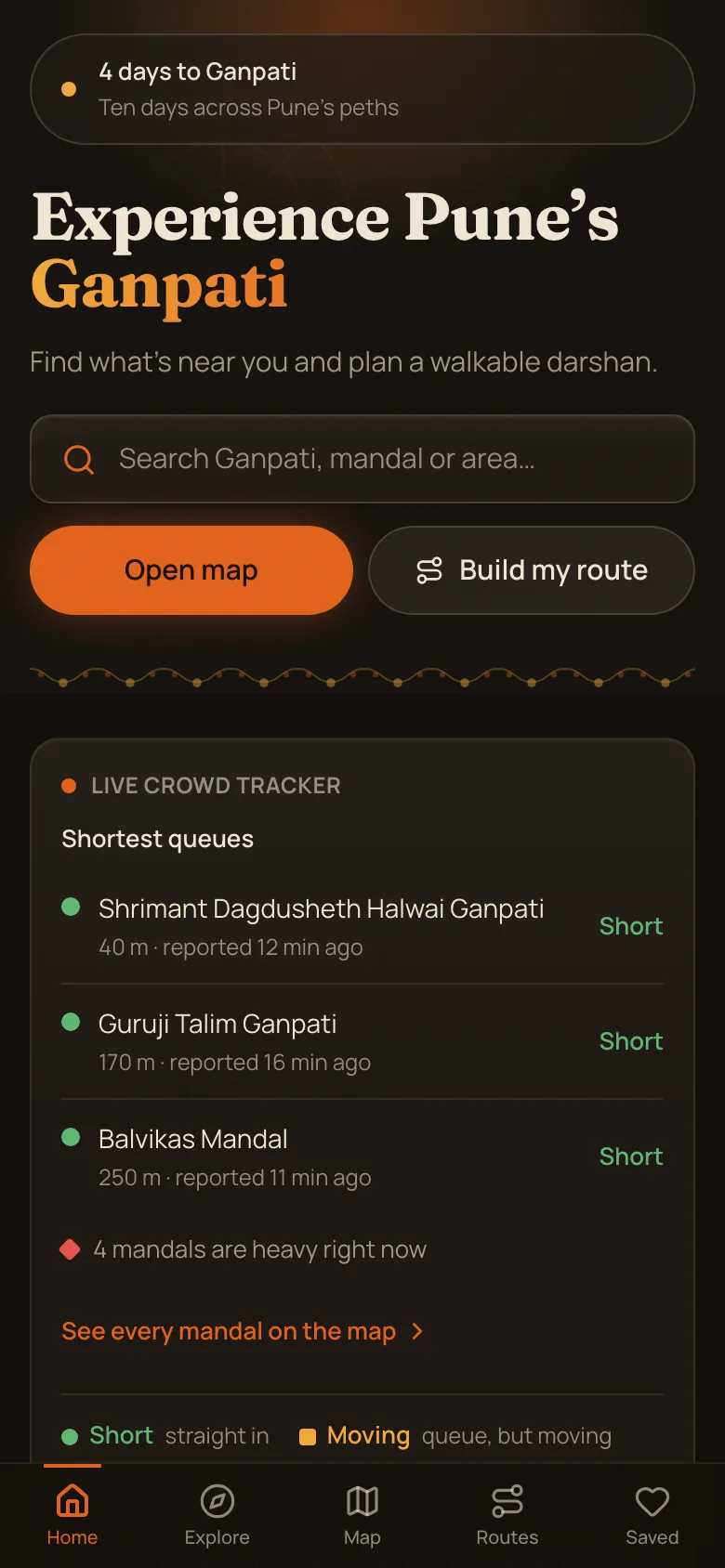 The Pune Ganpati Darshan home screen with the Live Crowd Tracker below the search bar