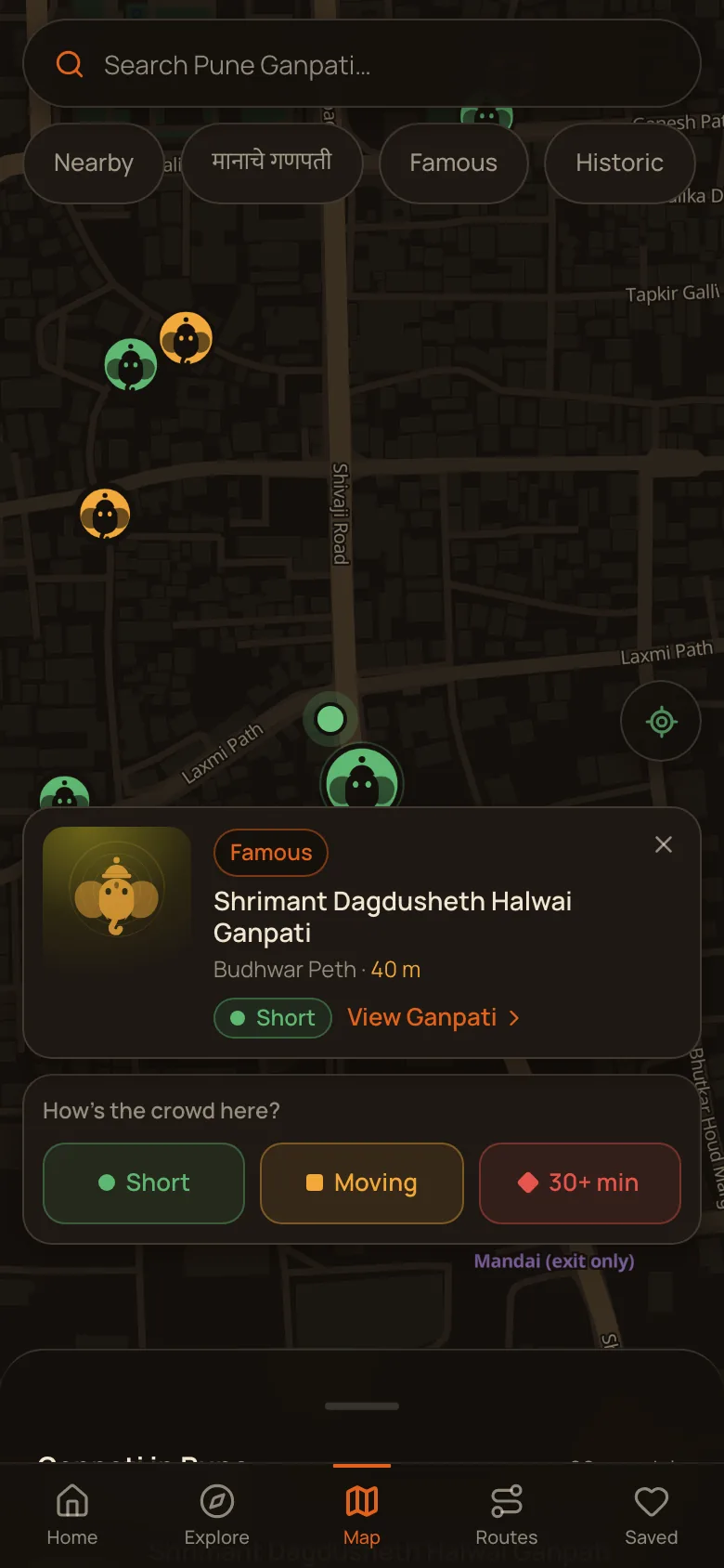 A selected mandal card over the map with Short, Moving and 30+ min report buttons