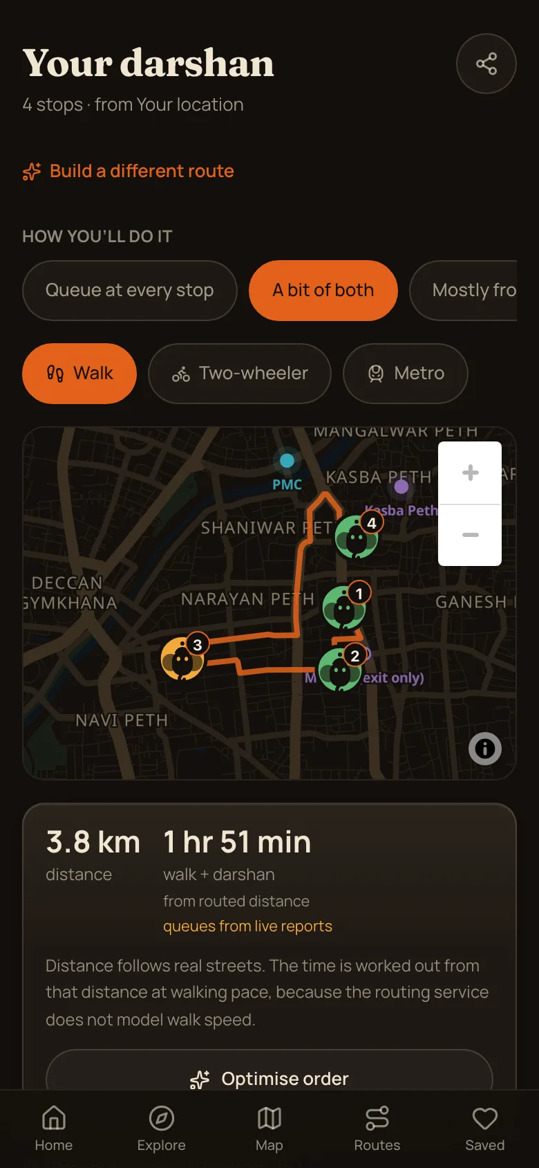 The same plan after optimising, with a solid routed path and reordered stops