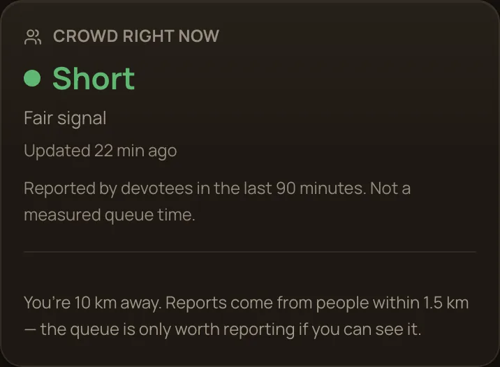 The crowd panel telling the reader they are 10 km away and cannot report